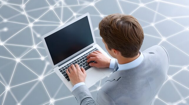 A man in a light grey suit and blue shirt is focused on typing on his laptop set against a futuristic abstract background of interconnected glowing lines and nodes