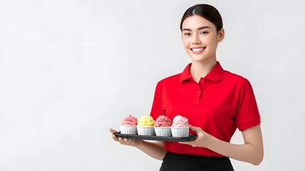 A friendly smiling young woman wearing a red polo shirt and black apron offers a tray holding four delicious cupcakes with vibrant pink and yellow frosting