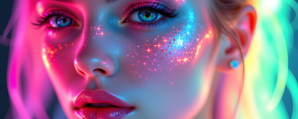 Futuristic Holographic Skincare Beauty Portrait with Neon Tones