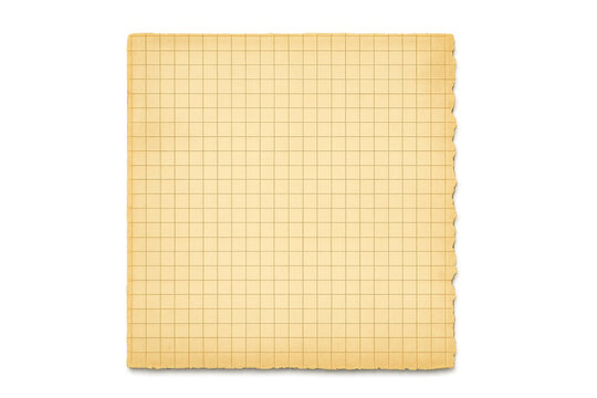 Vintage graph paper sheet with torn edges, old grid texture, blank squared page isolated on transparent background