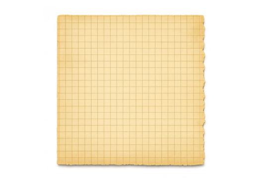 Vintage graph paper sheet with torn edges, old grid texture, blank squared page isolated on transparent background