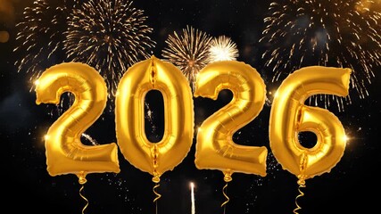 Golden 2026 balloons with fireworks against a dark night sky background - Powered by Adobe