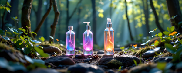 Holographic Skincare Bottles Floating Forest Environment