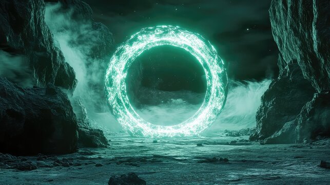 Glowing energy ring portal on an alien landscape - Powered by Adobe