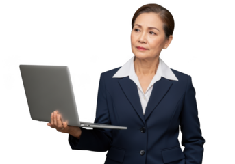 Mature asian businesswoman holding laptop, thinking, wearing suit, professional, isolated on transparent background