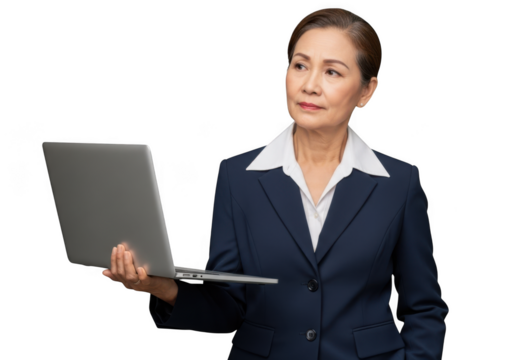 Mature asian businesswoman holding laptop, thinking, wearing suit, professional, isolated on transparent background