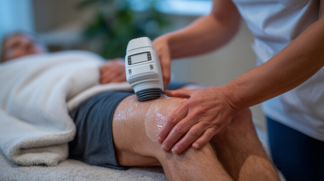 Detailed perspective of ultrasound therapy session, device head pressed against knee with visible gel, therapistâs hands in focus, background soft and clinical