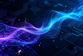 Dynamic technology with vibrant blue and purple light trails across circuit board creating a futuristic digital landscape for innovation and business solutions