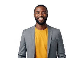 Professional smiling african american man portrait in gray suit and yellow shirt stock photo png image resource isolated on transparent background