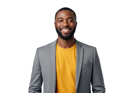 Professional smiling african american man portrait in gray suit and yellow shirt stock photo png image resource isolated on transparent background - Powered by Adobe