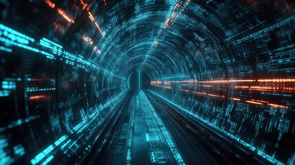 Digital data moving in futuristic network tunnel