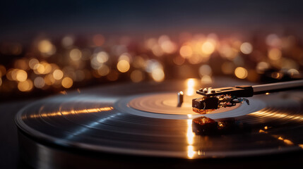 Macro perspective of vinyl grooves and stylus tip in contact, warm light and shallow depth of field creating intimate classic music feeling