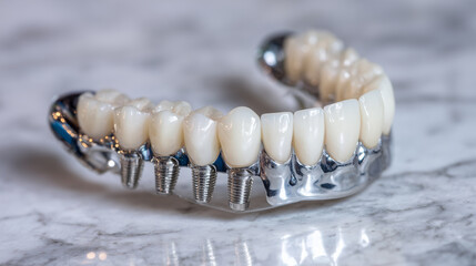 Fixed bridge dental implant model arranged diagonally on a sterile white surface, showcasing precision-engineered components with crisp clinical detail and polished metal textures