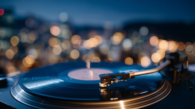 Vintage turntable close-up, stylus tip and tonearm in perfect focus, grooves of vinyl record catching ambient light, evoking classic analog sound experience