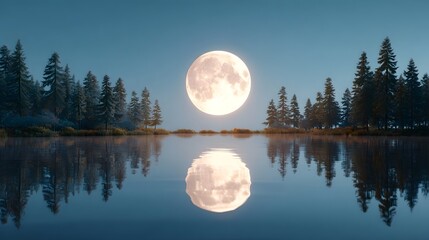 A breathtaking full moon illuminates a tranquil night scene casting a soft glow on a still lake bordered by a dense forest of evergreen trees with perfect reflections mirrored