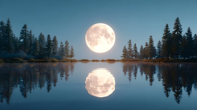 A breathtaking full moon illuminates a tranquil night scene casting a soft glow on a still lake bordered by a dense forest of evergreen trees with perfect reflections mirrored - Powered by Adobe