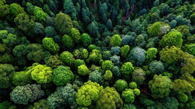 Aerial view of lush green tree canopy of a vibrant Rainforest at midday showing a healthy ecosystem, with varied shades of green in a natural environment