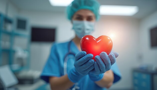 Medical pro in blue scrubs, cap, mask holds glowing red heart with gloved hands. Doctor nurse stands in hospital surgery room. Health care, compassion, life saving medical service. - Powered by Adobe