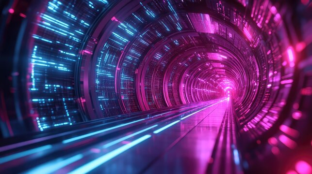 Futuristic data tunnel with glowing neon light