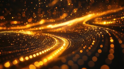 Digital wave creating a flowing golden particle background