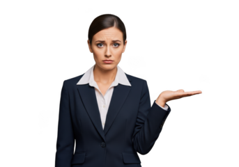 Confused businesswoman in suit presenting empty palm, questioning decision, doubtful expression isolated on transparent background