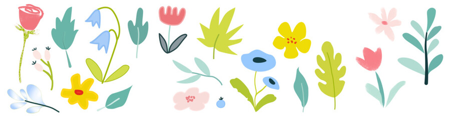 abstract colorful background, Flower crayon watercolor spring floral set. Hand drawn pastel crayon flower, leaf, plant with chalk texture. Cute nature background for kid, child, garden doodle element 