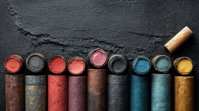 Colorful chalk pastels and accessories lay on a dark textured surface creating a creative and artistic composition
