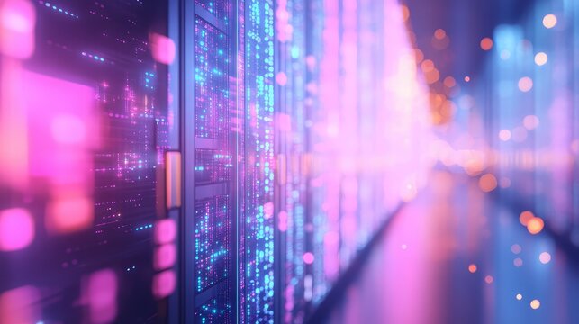 Data center server racks processing digital information