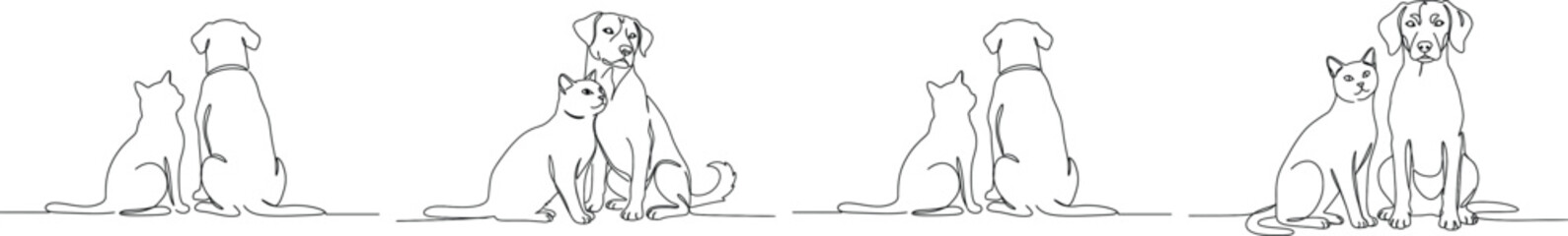 Obraz premium Minimal One Line Cat and Dog Sitting Together Pet Friendship Clipart
