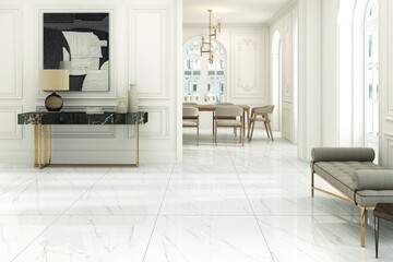 Lavish living room interior featuring quartz console and layered lighting, modern art painting on wall, dining area in the background. Mockup. 3D Rendering