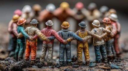 Miniature construction workers stand in a circle with arms linked, representing teamwork, unity, cooperation and community spirit