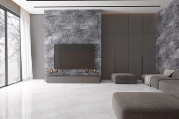 Minimalist living room interior with marble floor, beige sofa, and wood wall decor, warm blue marble wall, television installed. Mockup. 3D Rendering