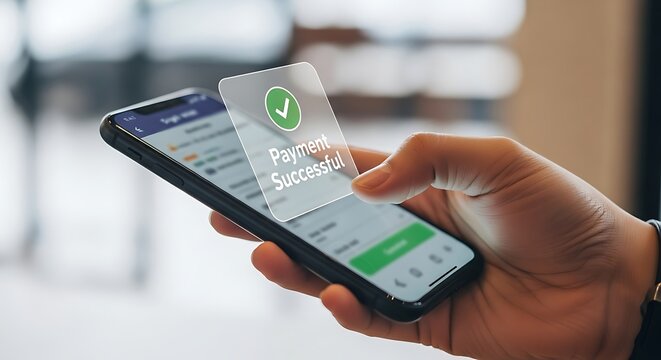 A person holds a smartphone with a payment successful message displayed on the screen, indicating a successful transaction - Powered by Adobe