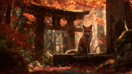 朱塗りの鳥居の下で狐が静かに座る、紅葉の森が包む幻想的な光景