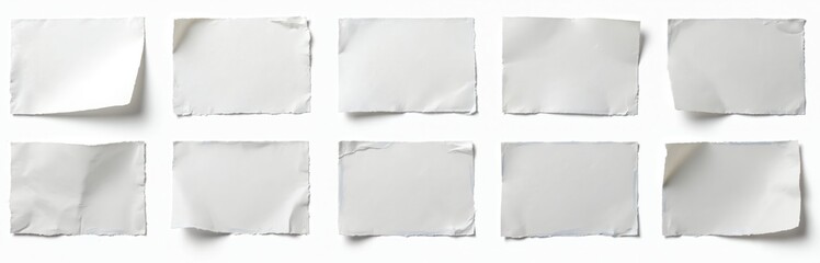 Set of ten white blank paper stickers with torn edges isolated on white. Rectangular labels soft shadows, corners gently peeled. Use for design element, price tag, sale info, note message. Perfect