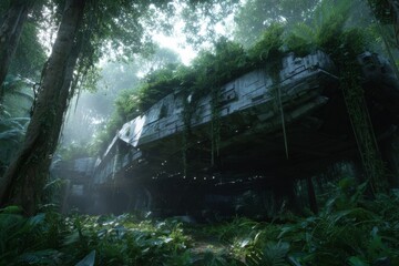 Fototapeta premium A massive crashed spacecraft half-buried in dense tropical jungle vegetation.