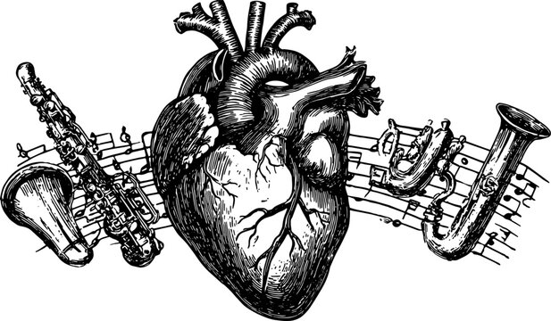 Heart intertwined with musical instruments like saxophone and trumpet. Black and white vintage vector illustration with musical notes, set of drawings.