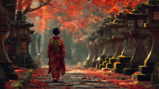 色づいた参道を女性が一人歩く、ひっそりとした秋の朝の光景