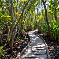 Wooden trail through mangrove forest, eco travel path, biodiversity preservation concept