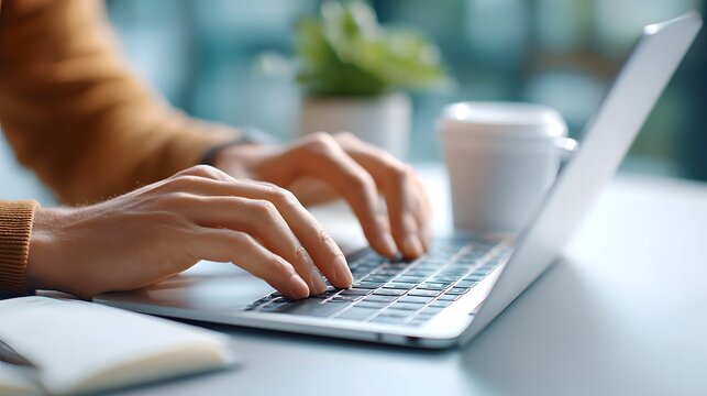 Close up of hands typing on a sleek laptop embodying modern work digital communication and focused tasks in a contemporary setting with a blurred background