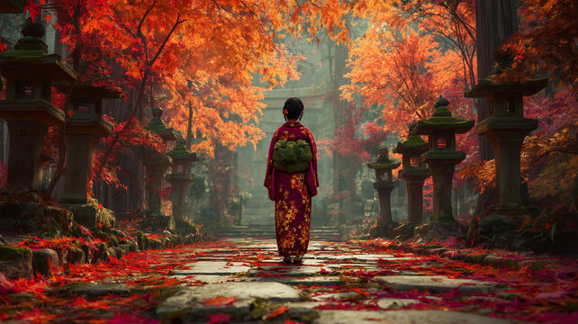 しんとした秋の朝、紅葉に包まれた寺社参道を女性が歩く静かな情景