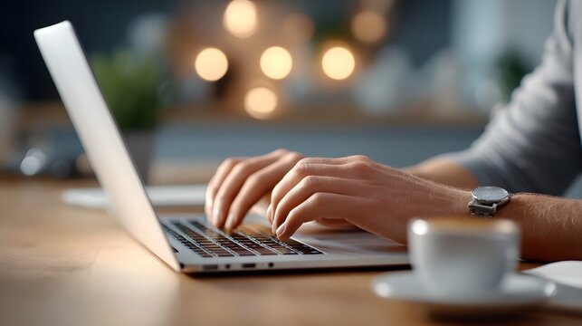 Detailed view of a person s hands engaged in typing on a laptop accompanied by a coffee cup and a blurred background of warm lights representing focused work and modern productivity