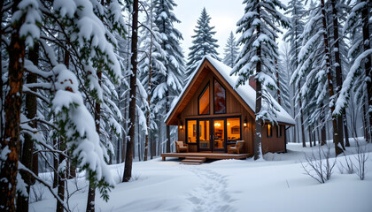 Rustic eco cabin in snowy forest, sustainable winter travel, adventure eco lodge design
