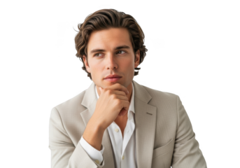 Handsome business man posing thoughtfully with hand on chin stock photo portrait model isolated on transparent background