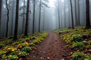 Remote hiking path through misty forest, unplugged adventure, mindful slow travel