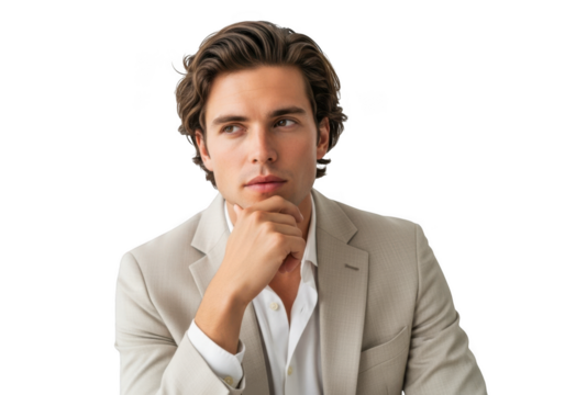 Handsome business man posing thoughtfully with hand on chin stock photo portrait model isolated on transparent background