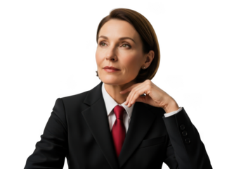 Professional businesswoman in suit thinking pensive portrait stock photo image for design assets and mockups isolated on transparent background