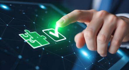Jigsaw Puzzle Piece and Check Mark Representing Digital Solution Completion