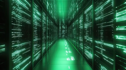 Digital data flowing in server room displaying code