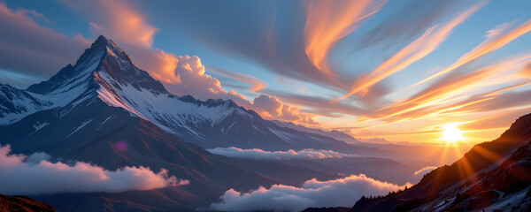 a towering, majestic mountain range dominates the left side of the position, its rugged peaks soaring toward the sky, crowned with shimmering glaciers that catch the fading sunlight, Above